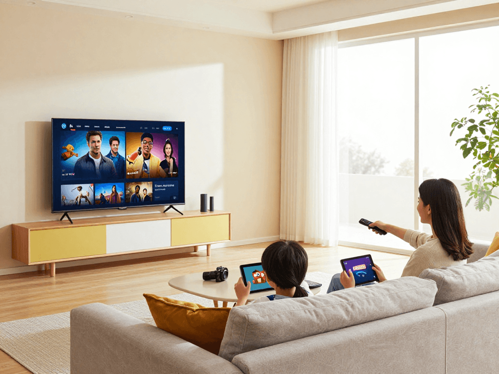 Abonnement Iron TV pour streaming familial en HD et 4K dans un salon moderne.