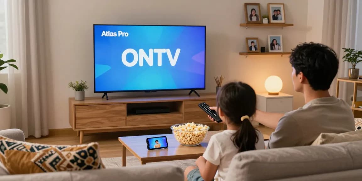 Famille regardant Atlas pro sur écran de télévision dans un salon confortable, atmosphère chaleureuse et engageante.