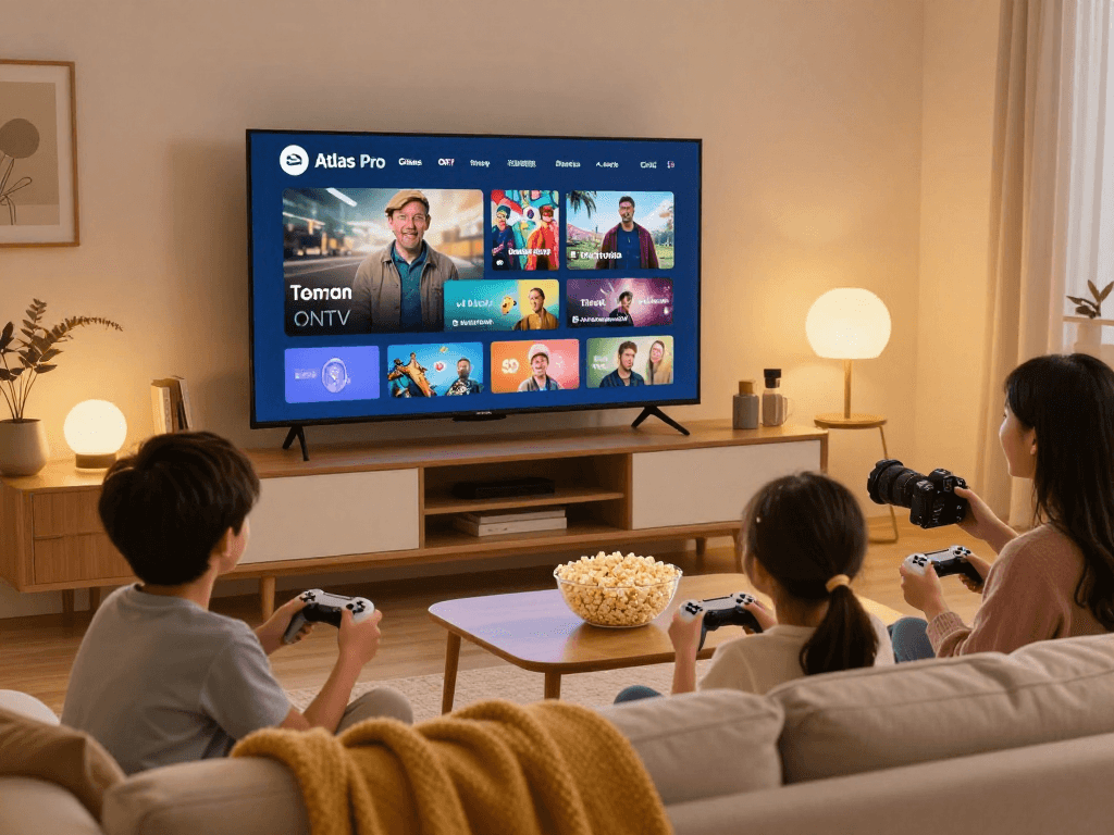 Profitez d'atlas pro avec votre famille en regardant vos chaînes préférées dans un salon moderne.