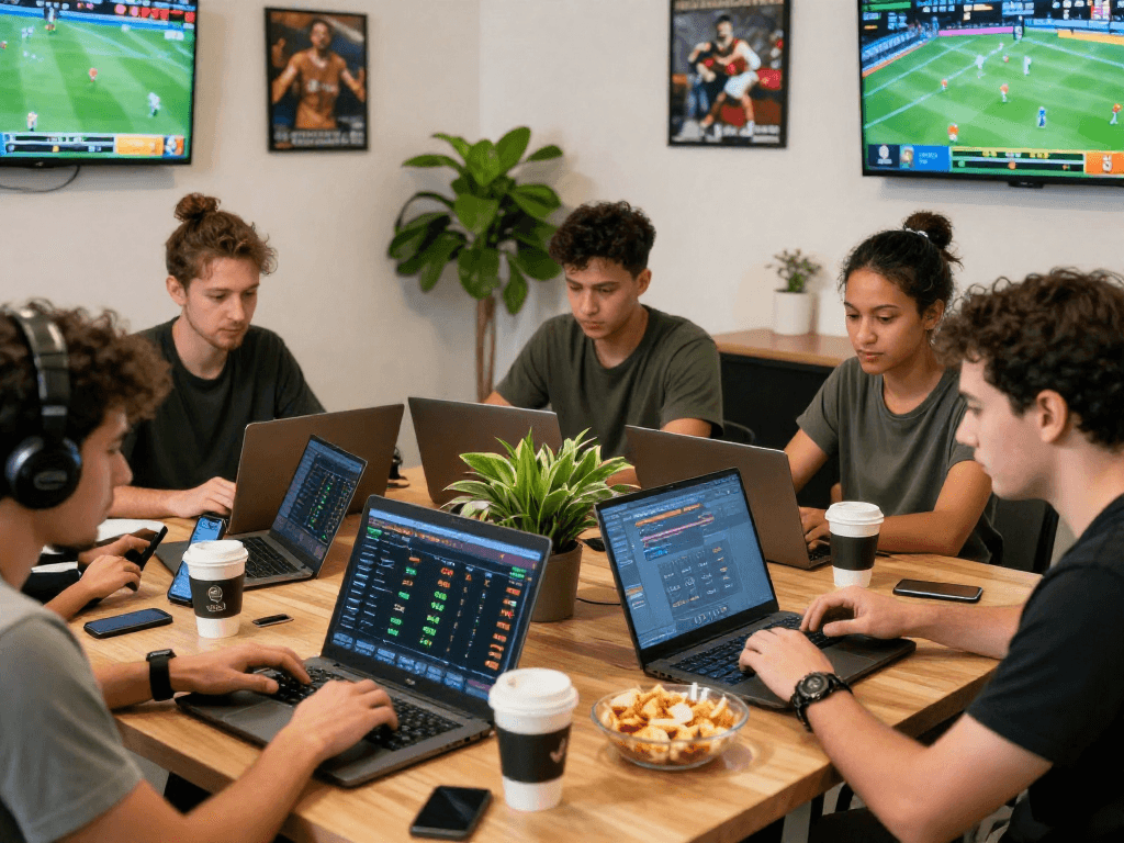 paris sportif crypto : personnes pariant en ligne avec des cryptomonnaies et affichages de statistiques sportives.