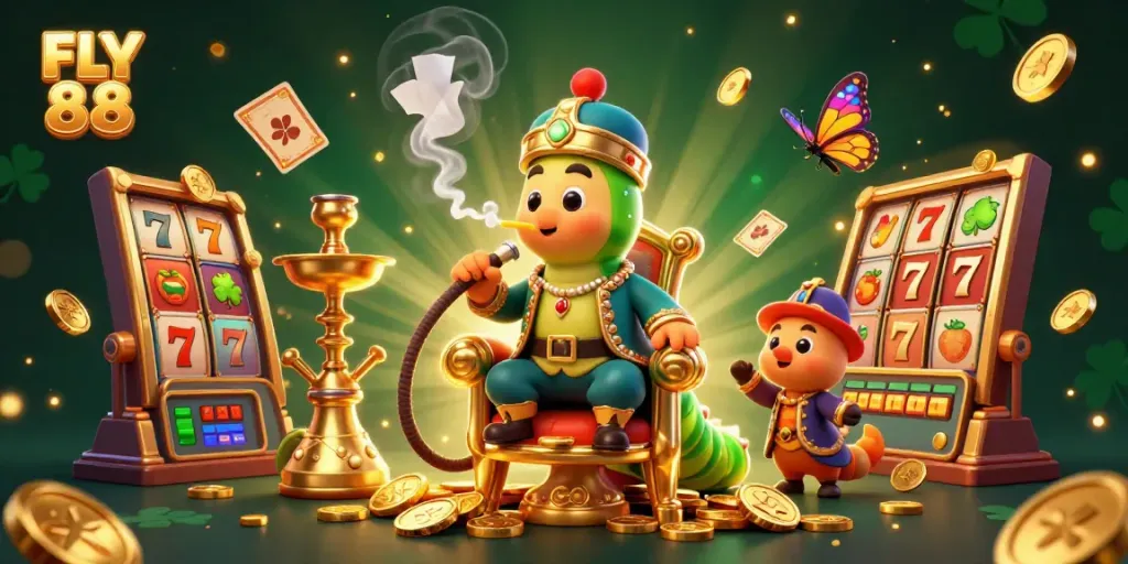 FLY 88 features a dynamic 3D illustration of a whimsical character amidst casino games and golden coins.