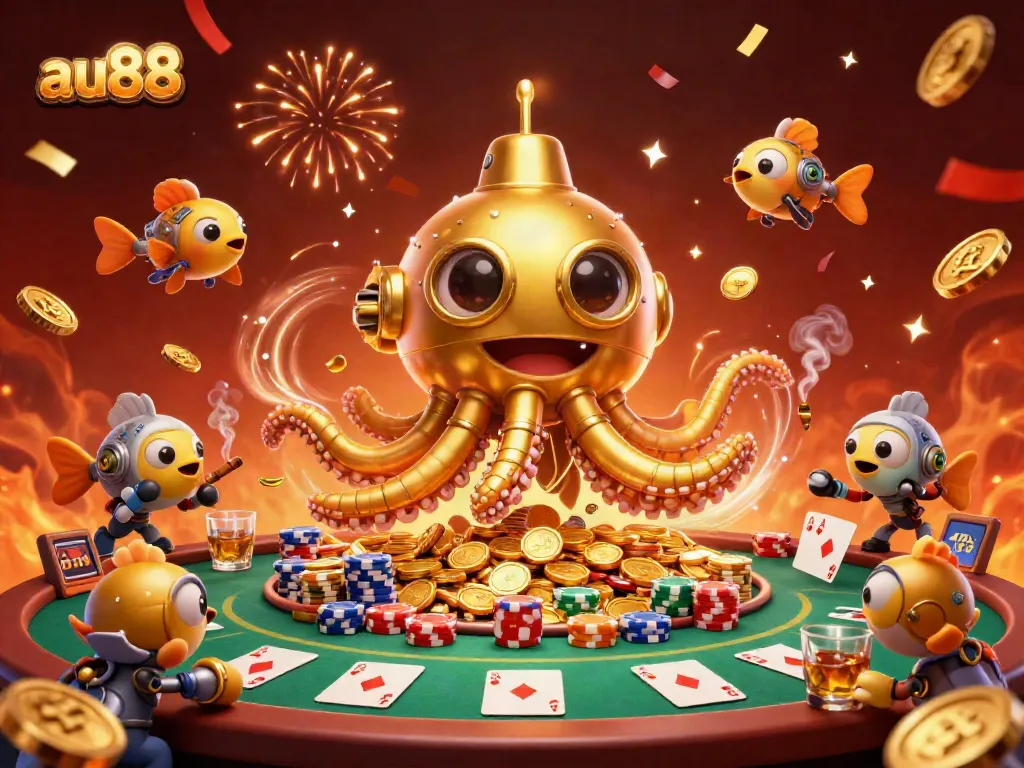 Experience the excitement of au88's golden kraken submarine in this vibrant casino scene.