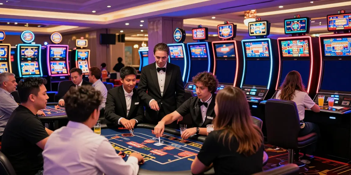 Scène de casino animée montrant des joueurs profitant de bonus sans dépôt casino à des tables de jeu.