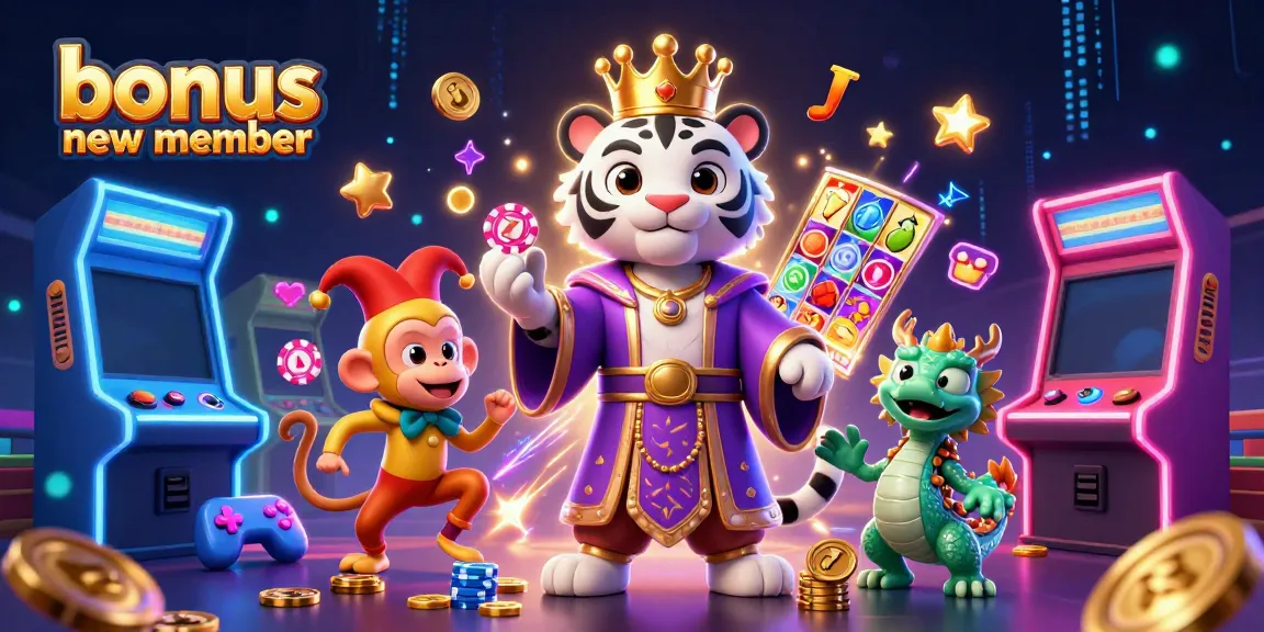 Experience exciting gameplay with the bonus new member feature supported by vibrant casino symbols and characters.