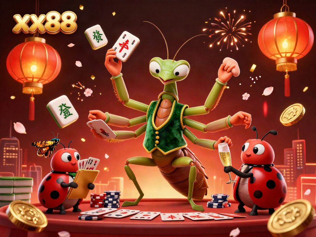 Experience thrilling matches at xx88 with vibrant casino elements and engaging characters in a rich scene.