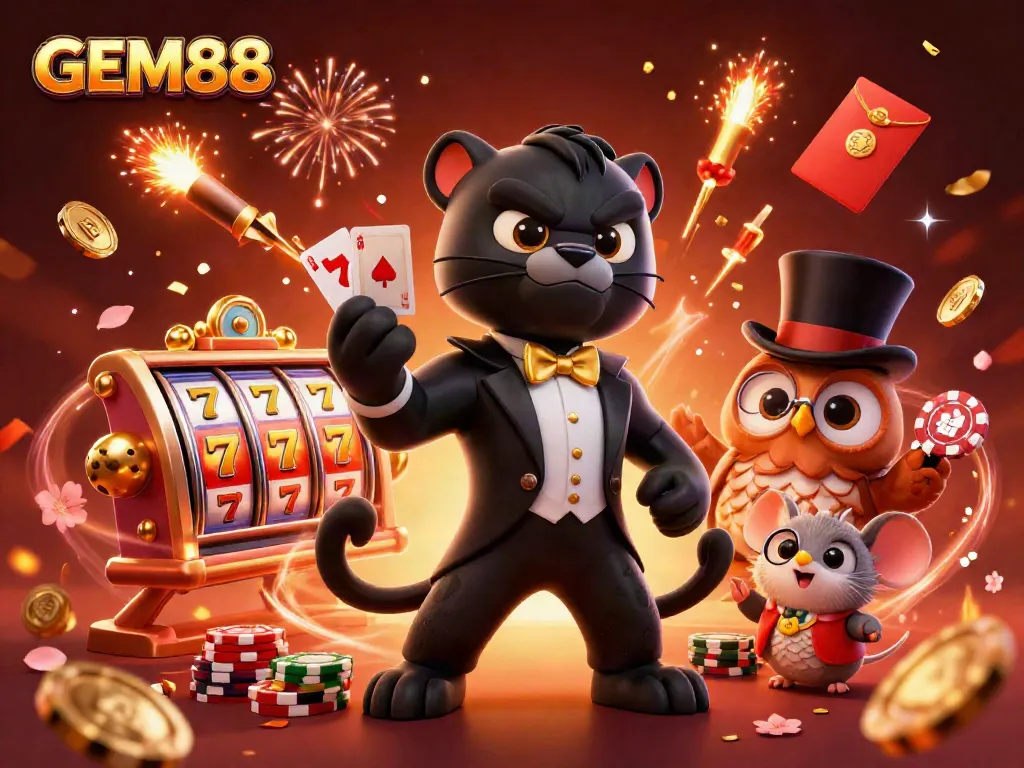 Engaging scene featuring GEM88, where a stylish panther deals cards in a vibrant casino atmosphere.