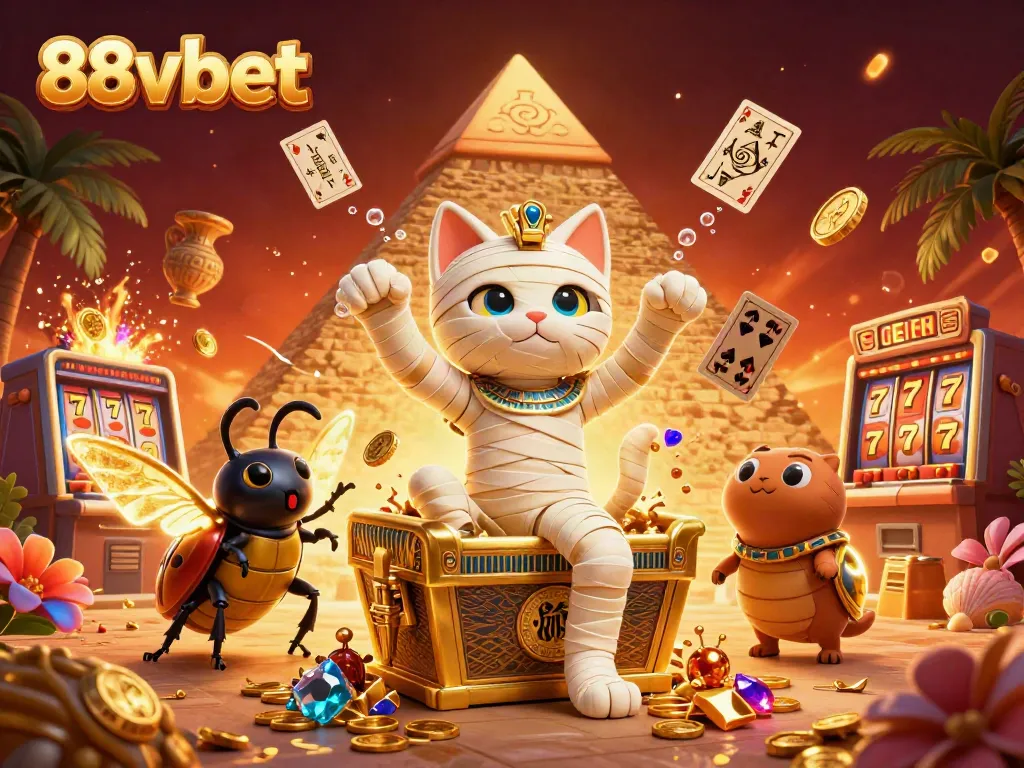 Engage with thrilling gameplay at 88vbet featuring energetic casino scenes with mummy cat and beetle.