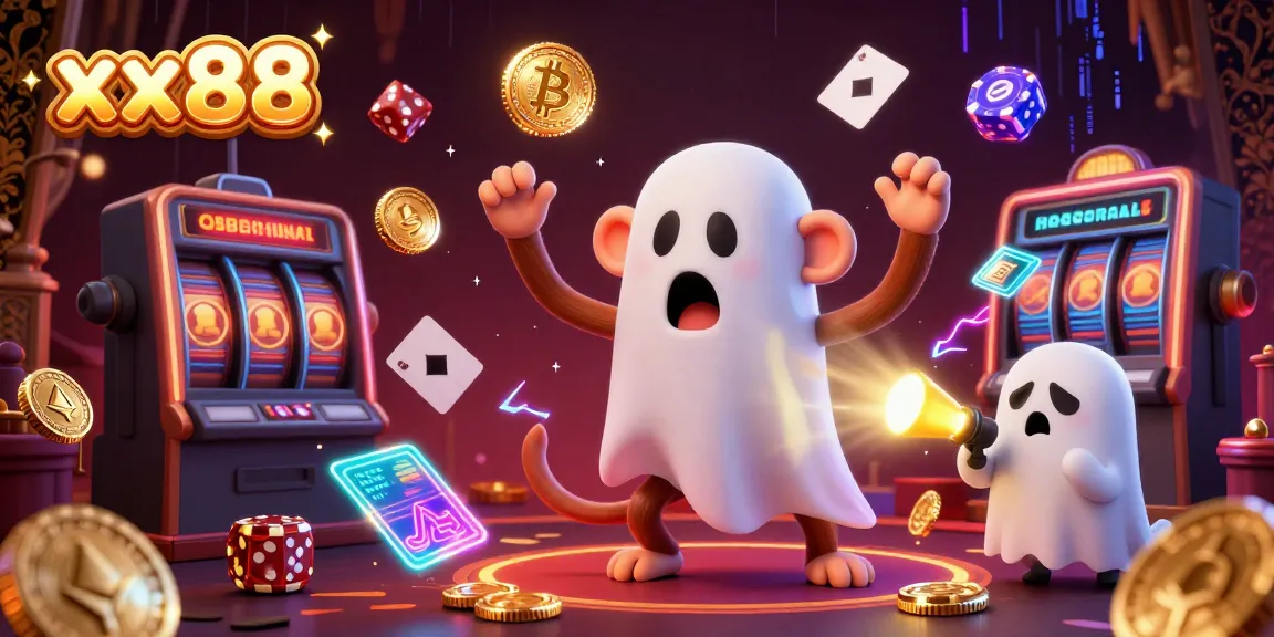 Engaging scene of xx88 with a poltergeist monkey juggling coins and a puppy tracking it in a vibrant casino backdrop.