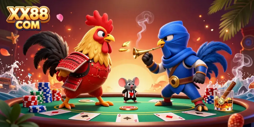 Engage with the thrilling showdown of twin 3D roosters in a vibrant poker scene at XX88 COM.
