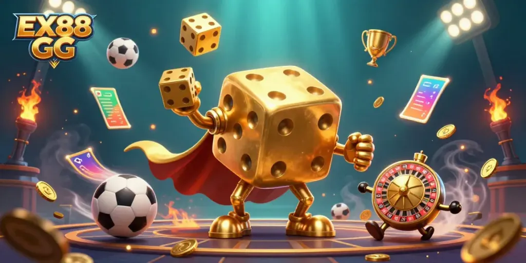 Engage with EX88 GG's thrilling gaming atmosphere, featuring dynamic 3D characters and vibrant casino elements.
