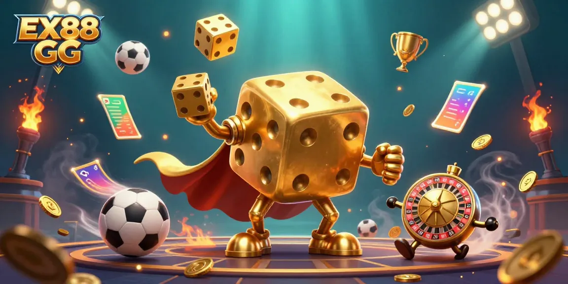 Engage with EX88 GG's thrilling gaming atmosphere, featuring dynamic 3D characters and vibrant casino elements.