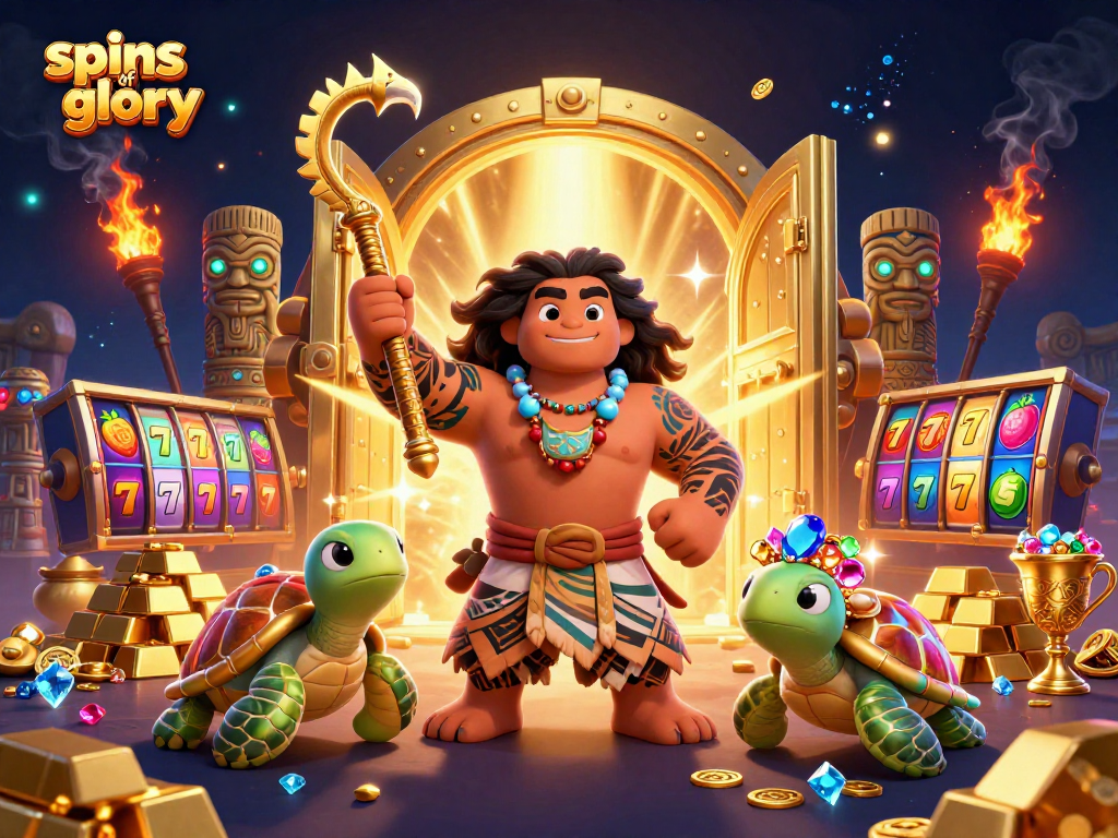 The spins of glory showcase exciting slot reels and treasures in a vibrant 3D cartoon scene.