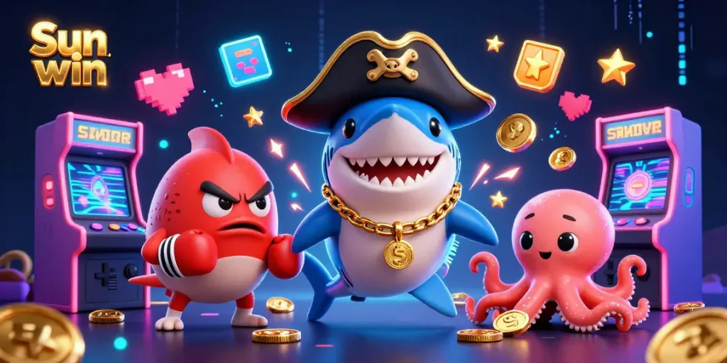Engage with the thrilling world of Sun win, where colorful 3D characters enjoy dynamic casino games amidst vibrant digital displays.