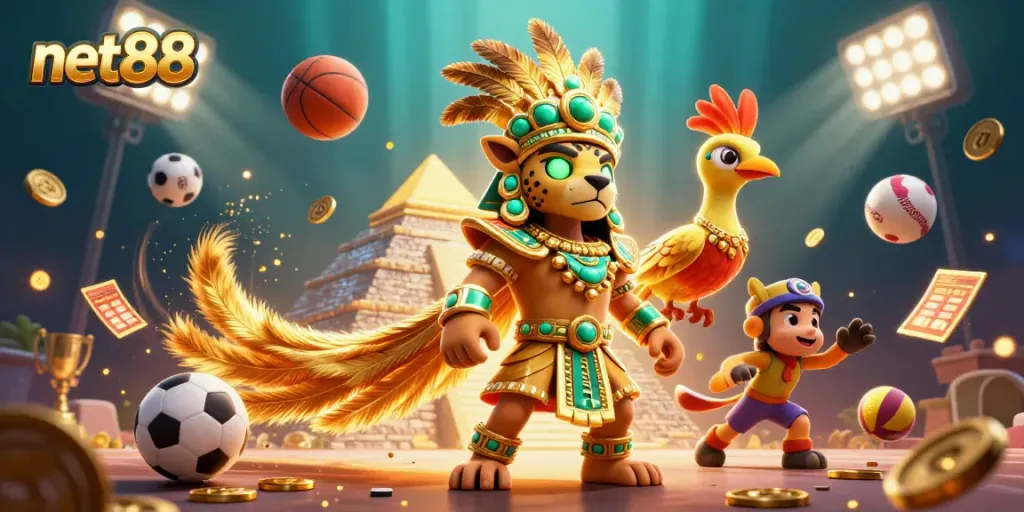 Experience engaging gameplay at net88 with vibrant characters amidst dynamic sports elements and golden treasures.