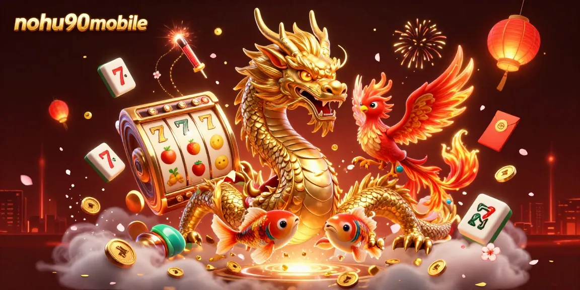 Nohu90mobile showcases a lively scene with a golden dragon, red phoenix, and koi fish amidst vibrant slot elements.