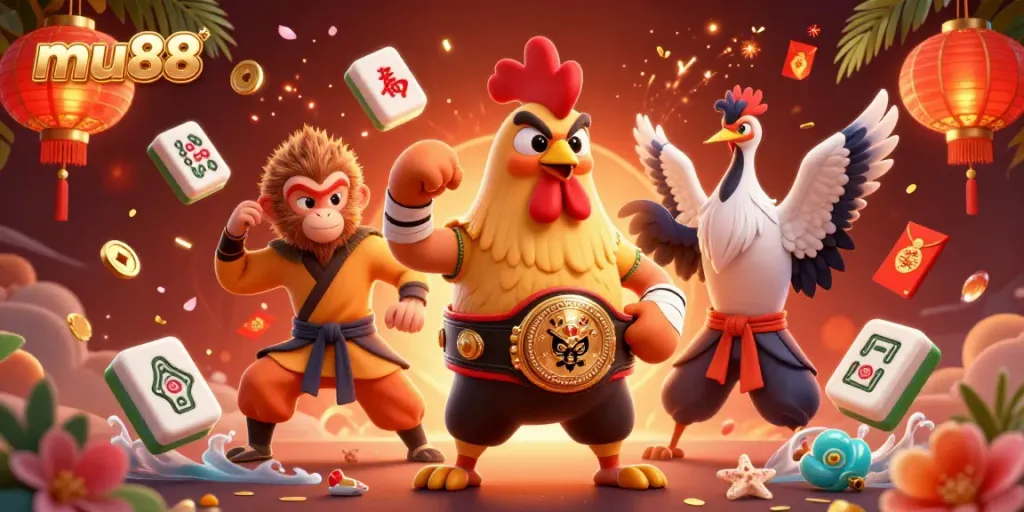 Experience thrilling Mu88 casino action with a fierce rooster, Shaolin monkey, and wise crane amid vibrant game elements.