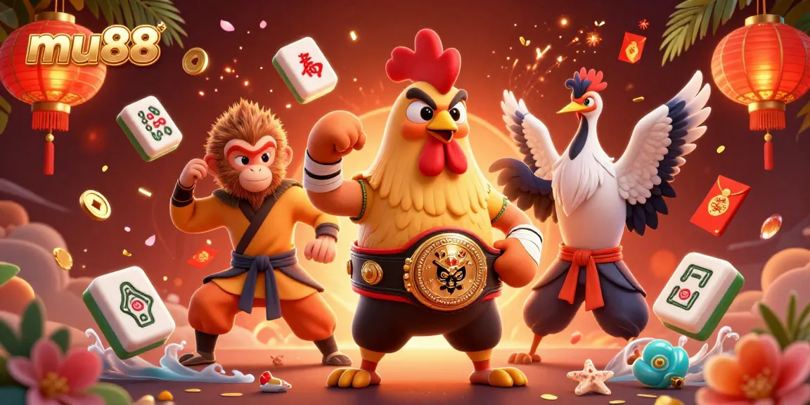 Experience thrilling Mu88 casino action with a fierce rooster, Shaolin monkey, and wise crane amid vibrant game elements.