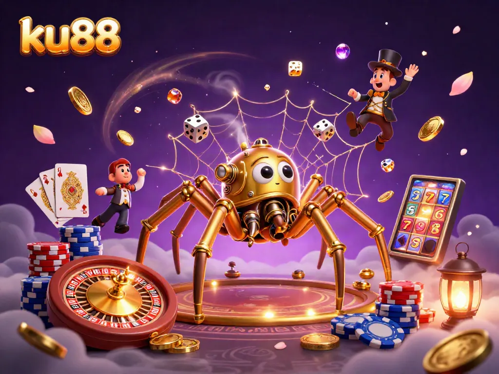 Engage in the excitement of ku88 with a vibrant 3D casino illustration featuring a steampunk spider and fly gentleman.