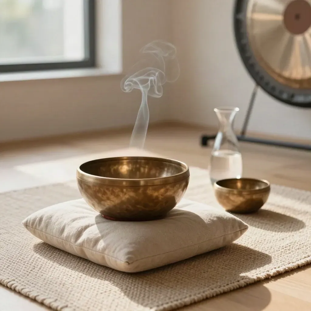 Coin de méditation avec coussin en lin, bol chantant, petit gong et carafe d’eau.