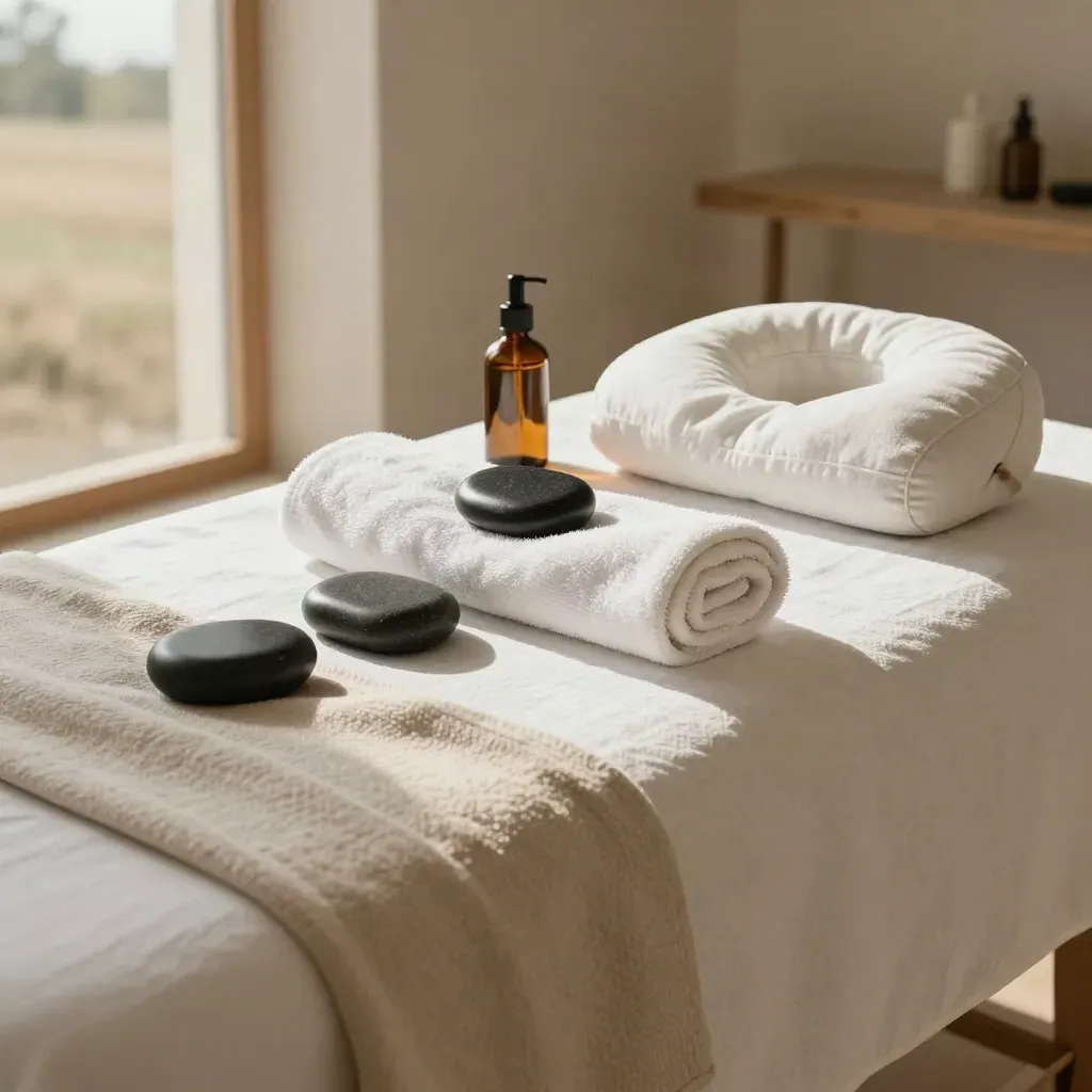 Table de massage prête, serviettes roulées, pierres chaudes et huile ambrée dans une lumière douce.