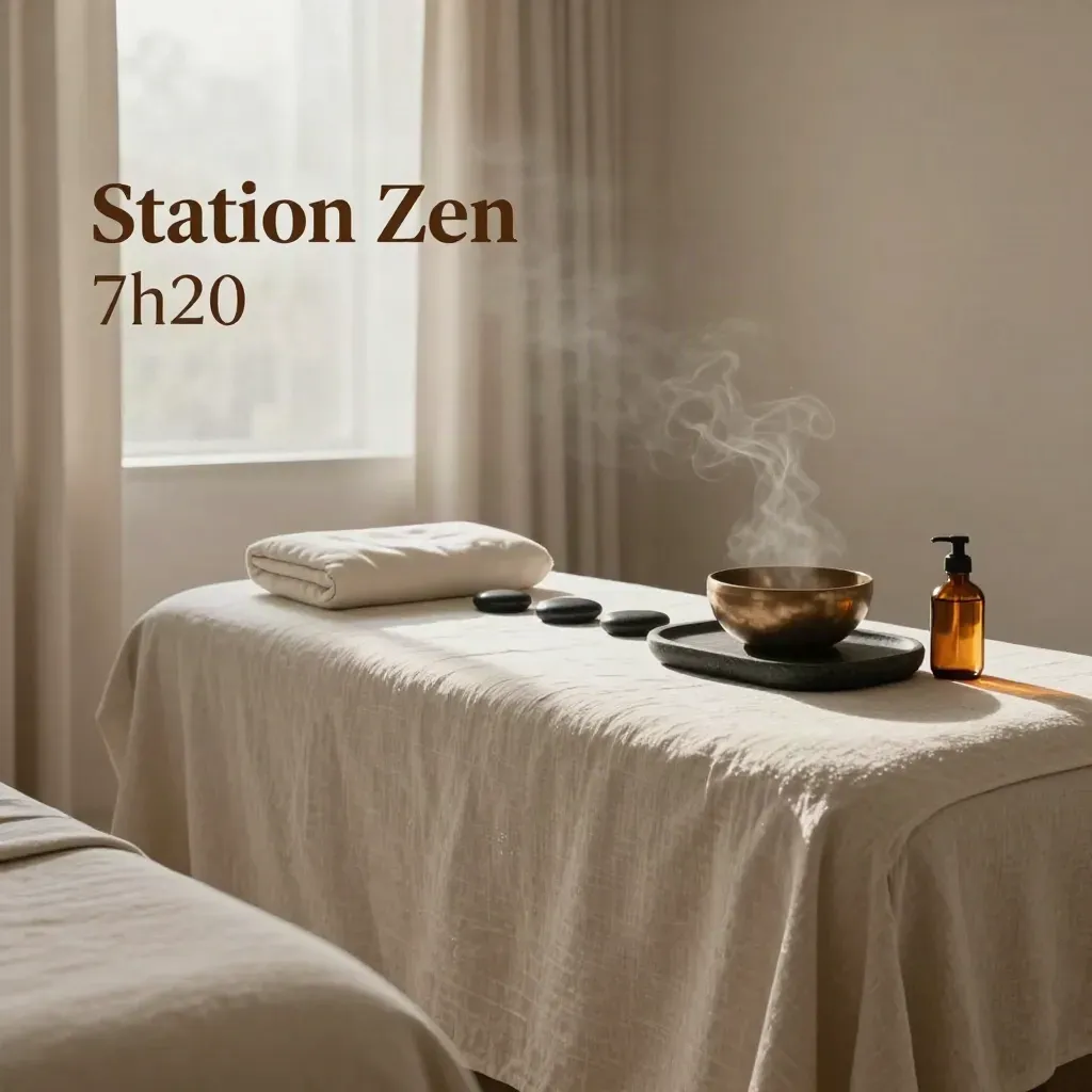 Cabinet de massage minimaliste en lin écru, basalte et bol chantant dans une lumière humide.