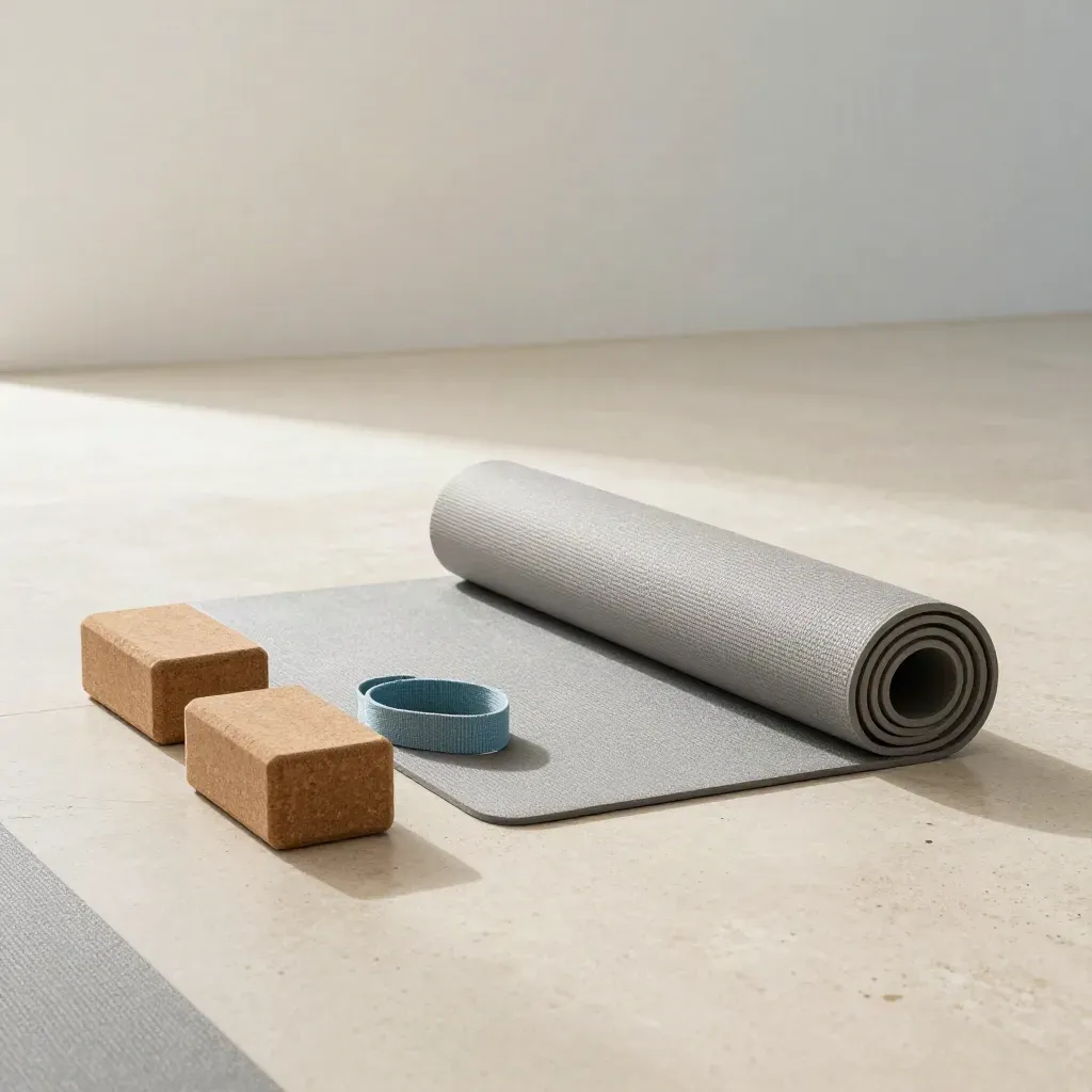 Tapis de yoga doux, blocs de liège, sangle coton et couverture sur sol travertin clair.