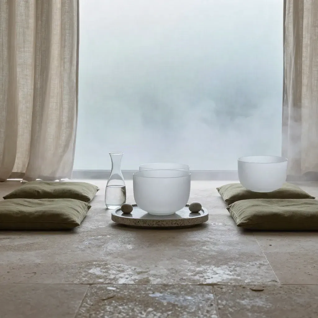 Bols en verre, carafe d’eau et coussins de sol prêts pour un atelier respiration.