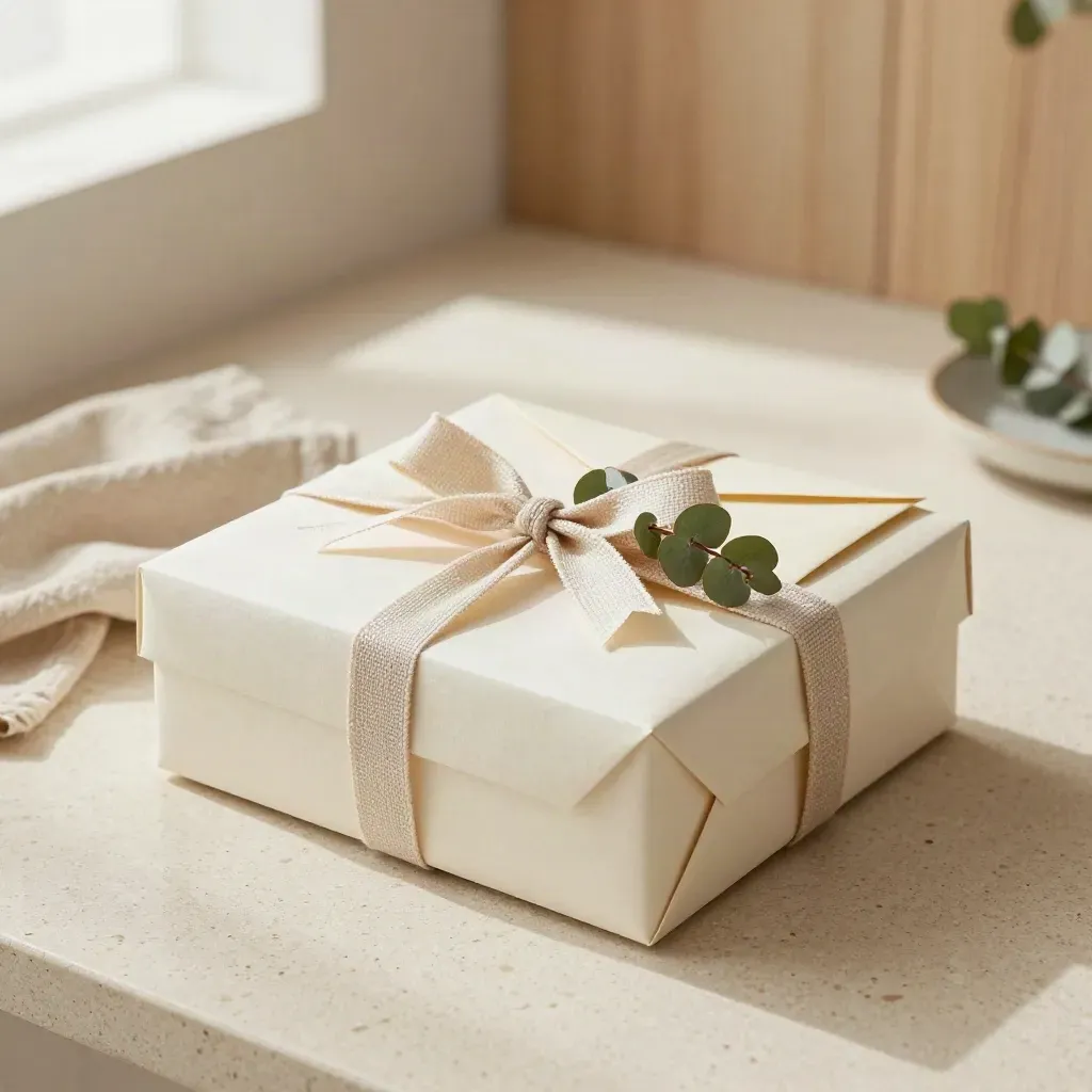 Coffret cadeau Zen en papier vergé, ruban textile et eucalyptus sur table de travertin.