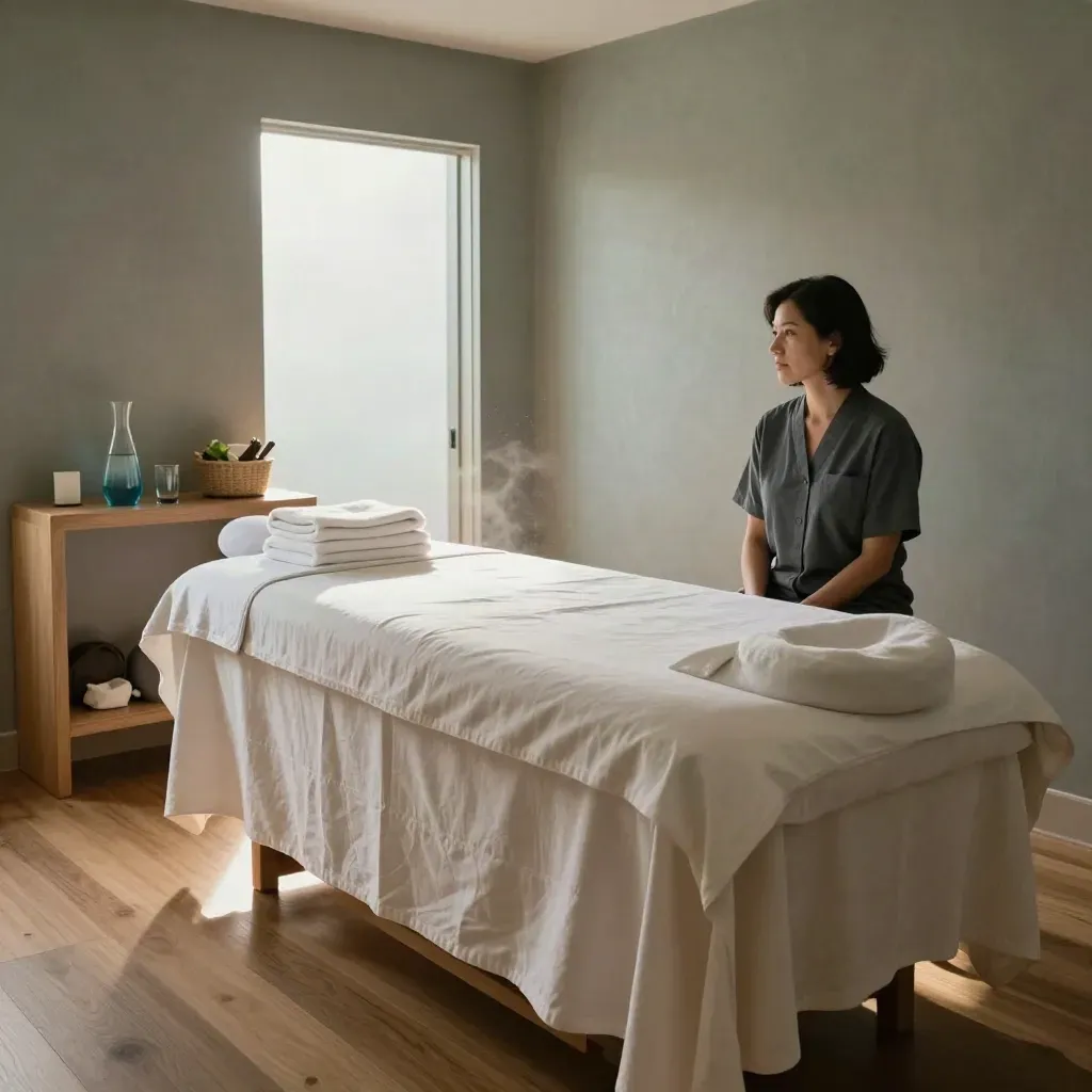 Salle de détente d’entreprise avec table de massage, serviettes pliées et carafe d’eau.