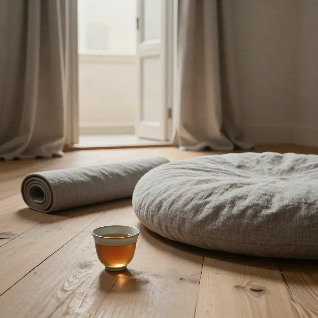 Salle parisienne de méditation, coussins en cercle, tisane froide, rideaux tirés, ambiance sereine.