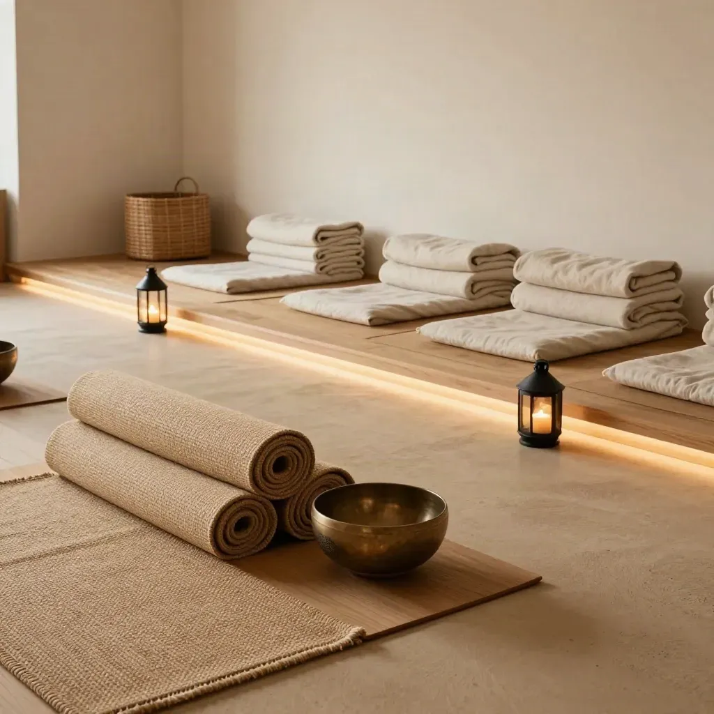 Studio de souffle rangé avec tapis roulés, coussins empilés et lanternes basses.