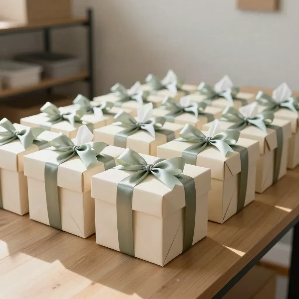 Coffrets cadeaux crème à rubans sauge, prêts à expédier sur table d’emballage claire.