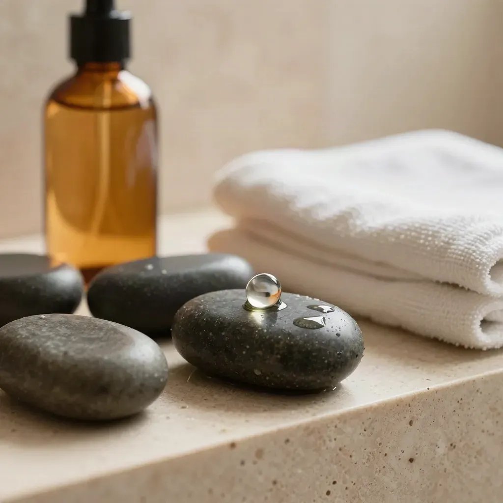 Pierres de massage en basalte, flacon ambré et linge plié avec une goutte d’huile brillante.