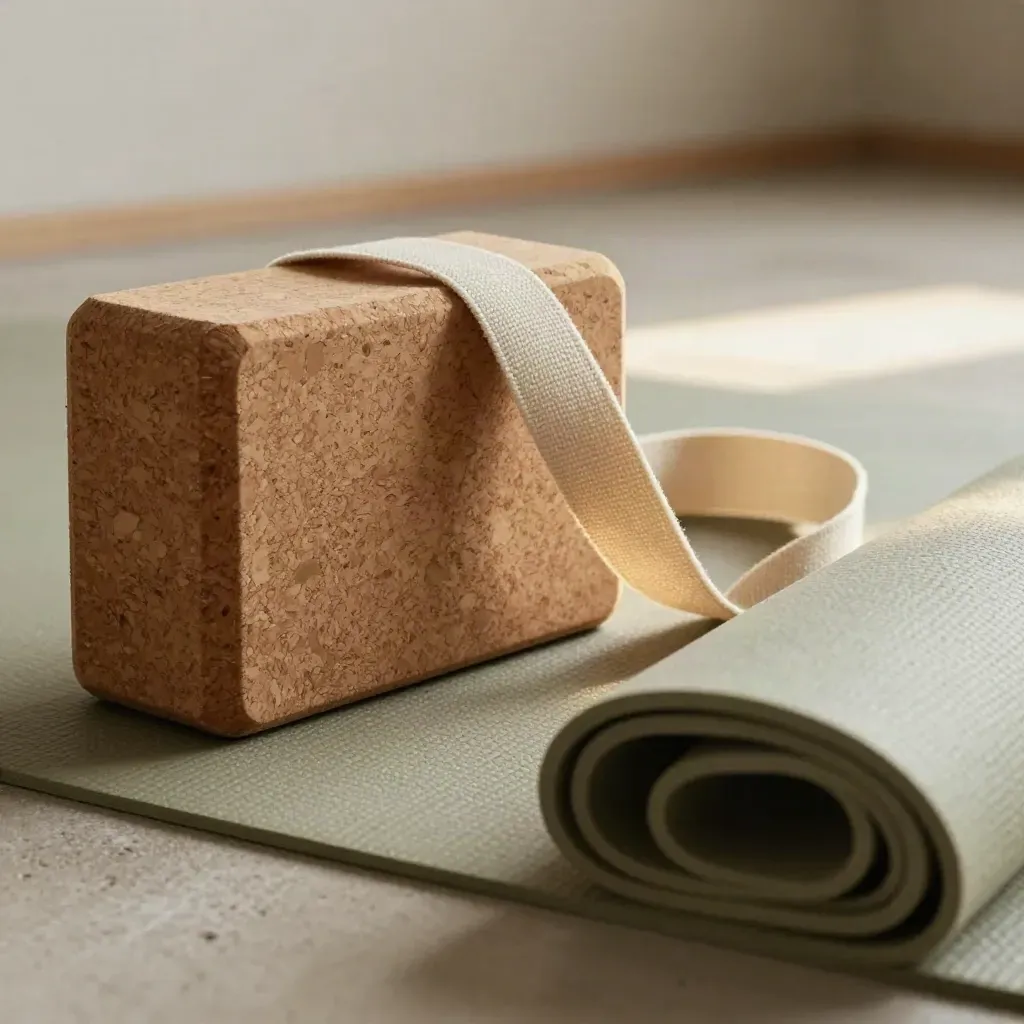 Gros plan d’un bloc de liège, sangle de yoga et tapis naturel éclairés en douceur.