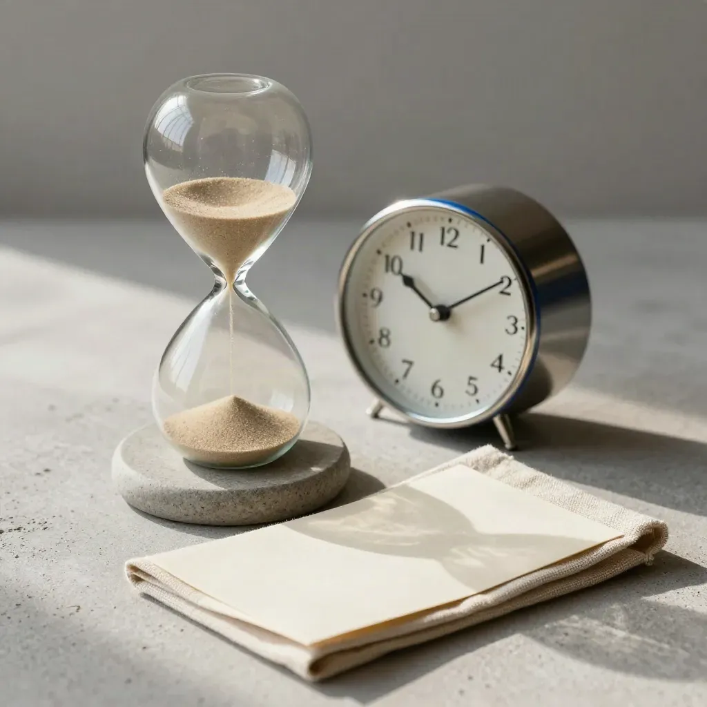 Sablier, horloge et linge plié sur pierre claire, ambiance calme et précise.