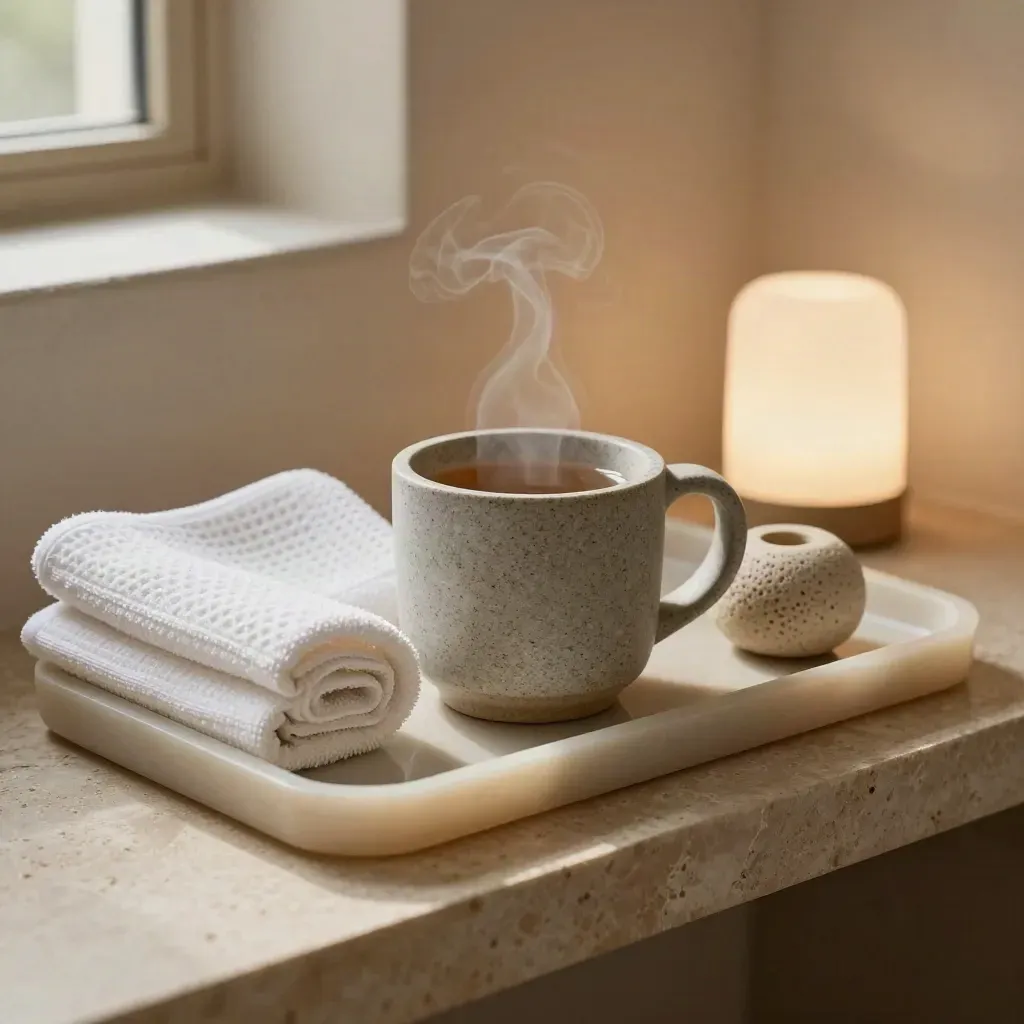 Plateau d’accueil avec tisane, serviettes pliées, galet diffuseur et petite lampe douce.