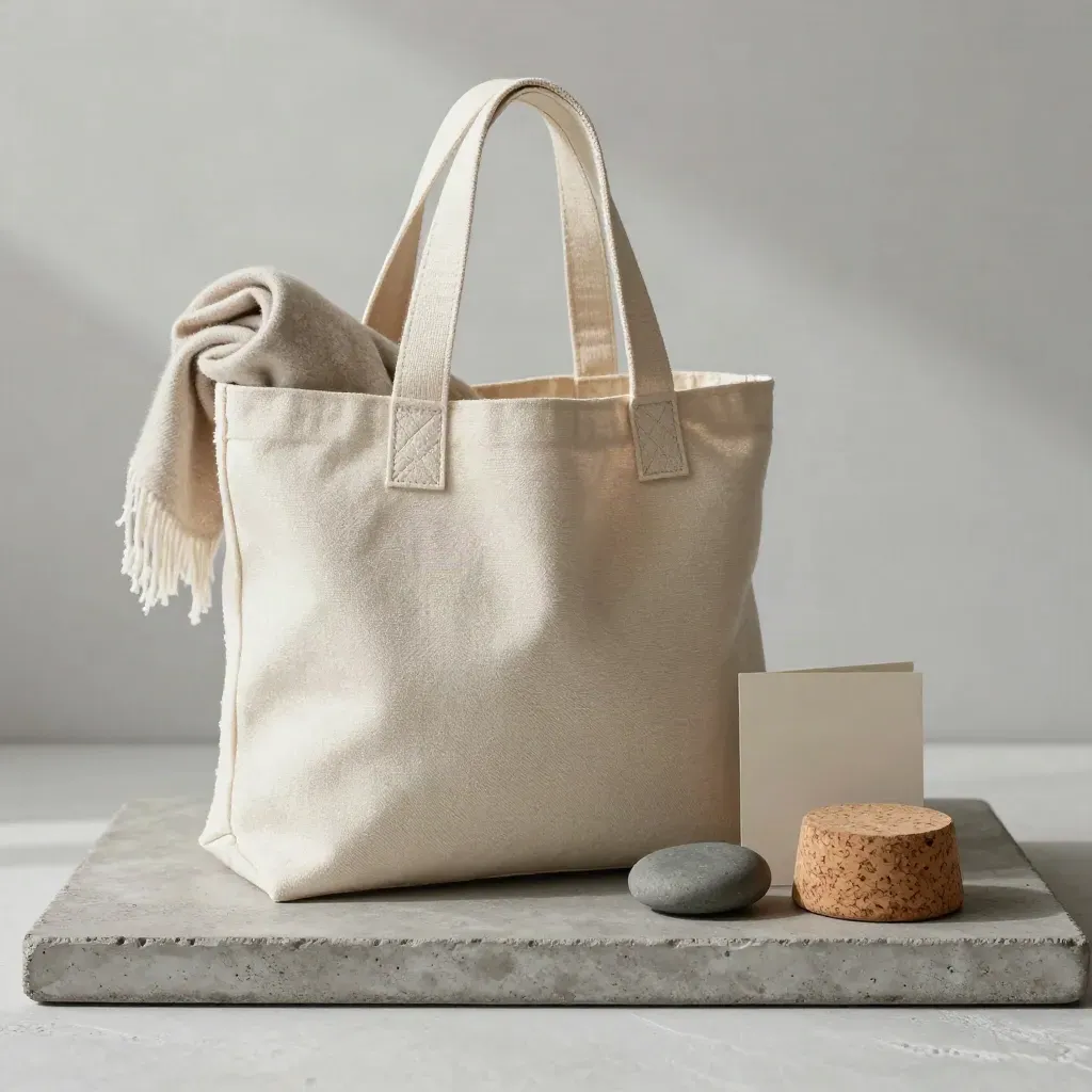 Sac en toile, shawl roulé, galet respiratoire et bloc de liège sur plateau de pierre.