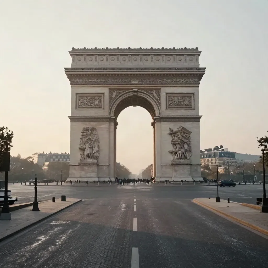 Arc de Triomphe à l’aube, boulevards vides sous une brume légère