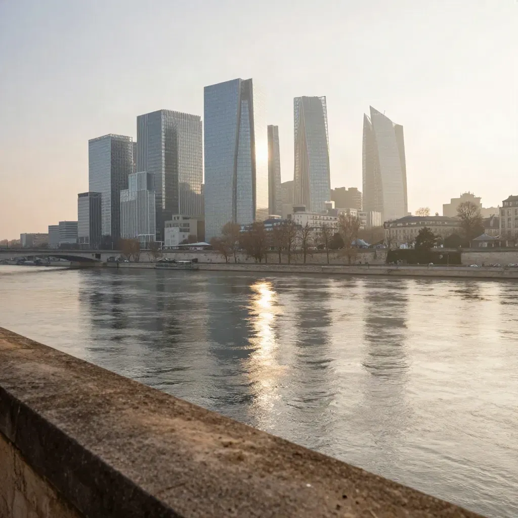 La Défense et la Grande Arche au-dessus de la Seine, baignées d’une lumière dorée.
