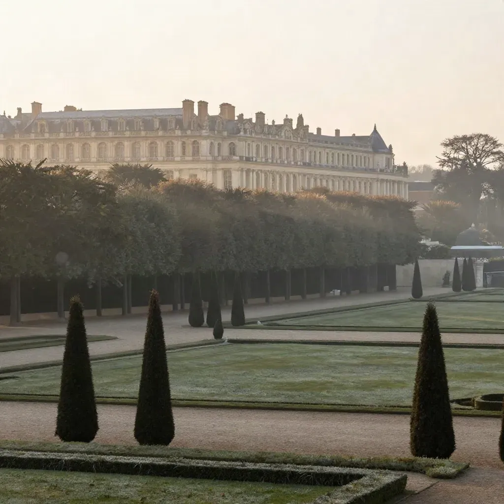 Allées de Versailles sous la brume, toits du palais au-dessus d’un jardin calme
