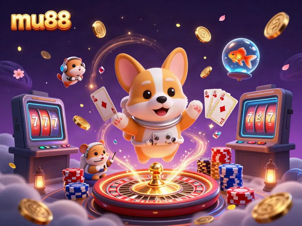 Experience the excitement of mu88 as the astronaut corgi floats amid a casino of drifting coins and games.