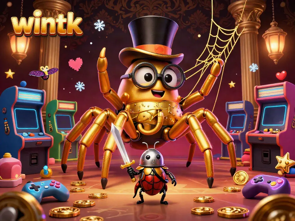 Engage with Wintk's thrilling gambling adventure featuring a tarantula and beetle knight in a vibrant casino.