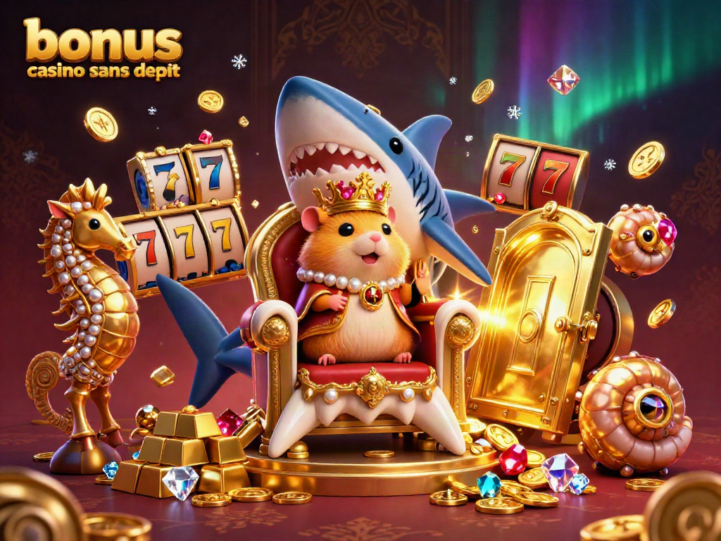 Découvrez le royaume du bonus casino sans dépôt avec un roi hamster doré entouré de richesses et de jeux de casino.