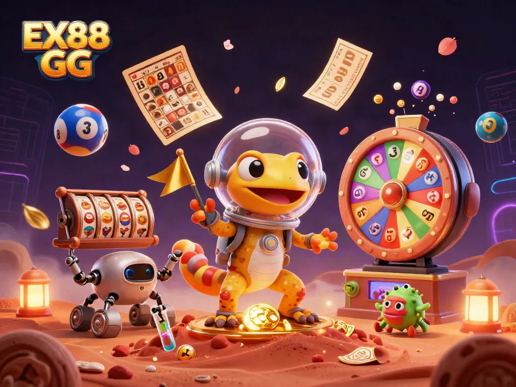 Experience winning with EX88 GG, featuring vibrant 3D elements of casinos, lottery balls, and an alien gecko.