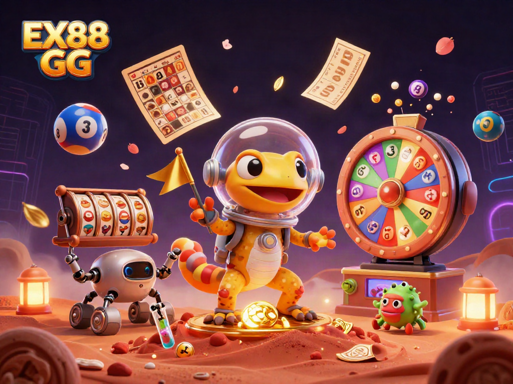 Experience winning with EX88 GG, featuring vibrant 3D elements of casinos, lottery balls, and an alien gecko.