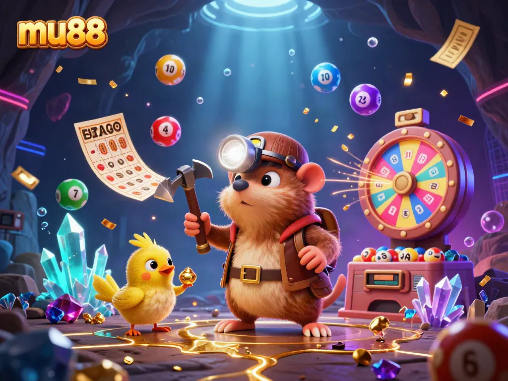 Experience the thrill of mu88 with a vibrant 3D illustration showcasing treasure hunting in a dynamic casino environment.