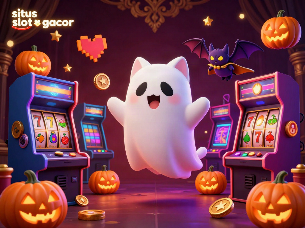 Floating ghost cat and vampire bat amidst glowing slot machines on situs slot gacor theme.