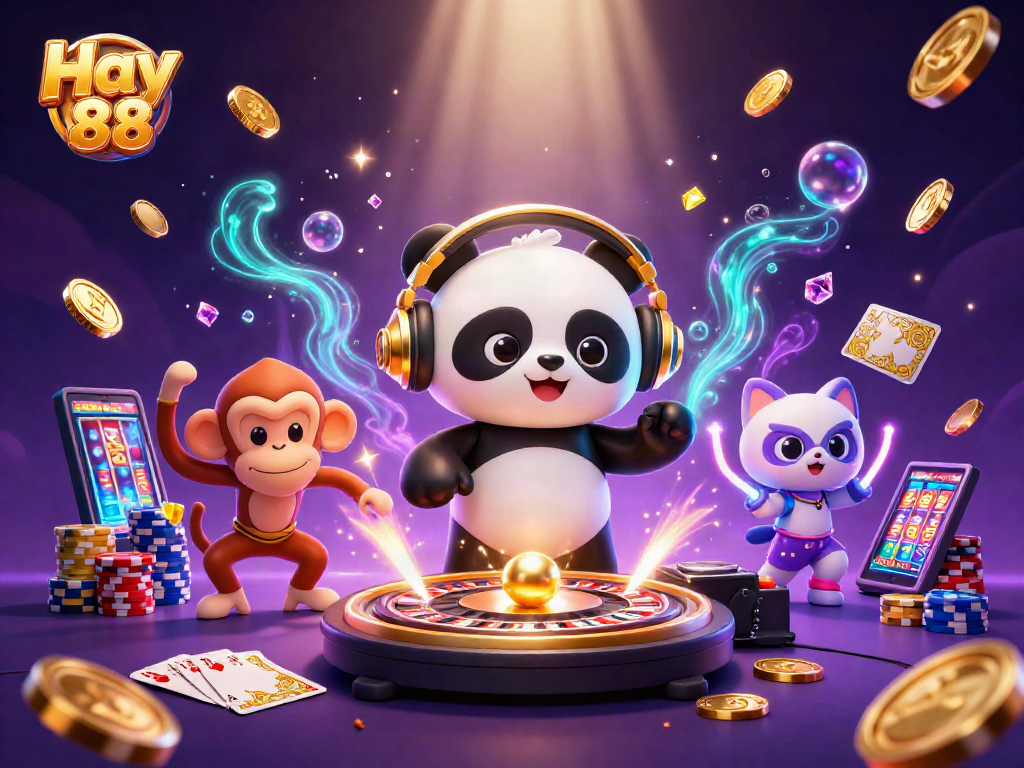 Experience the thrilling gaming scene of Hay 88 with vibrant characters and sparkling treasures!