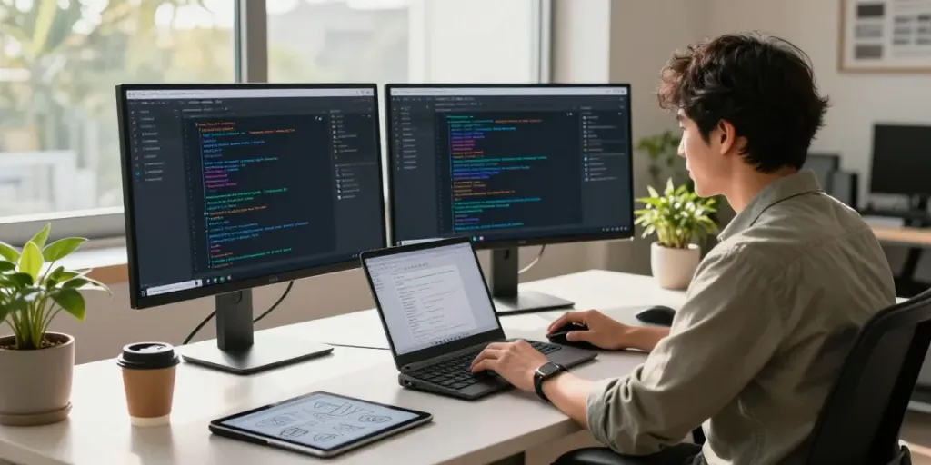 Developer utilizing OpenAI-compatible API for multiple models in a modern tech workspace.