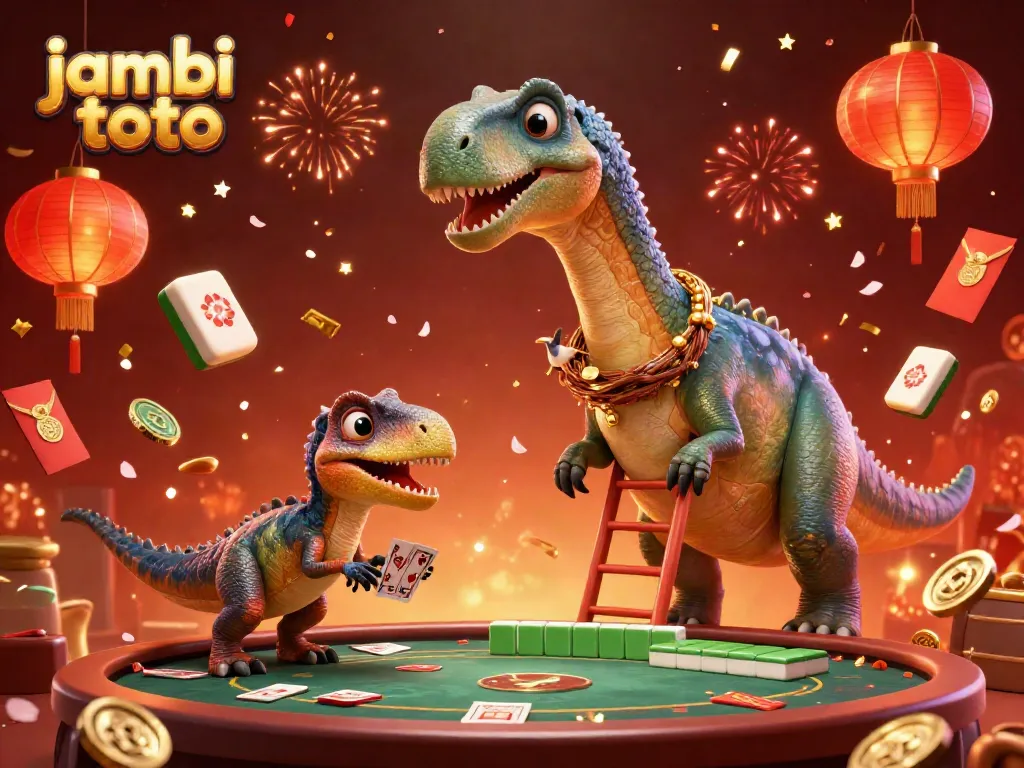 Experience the thrill of jambi toto as a brontosaurus oversees the poker table in an animated casino scene filled with excitement.